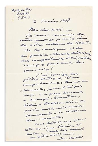 CASALS, PABLO. Two items Signed: Autograph Letter * Autograph Musical Quotation.